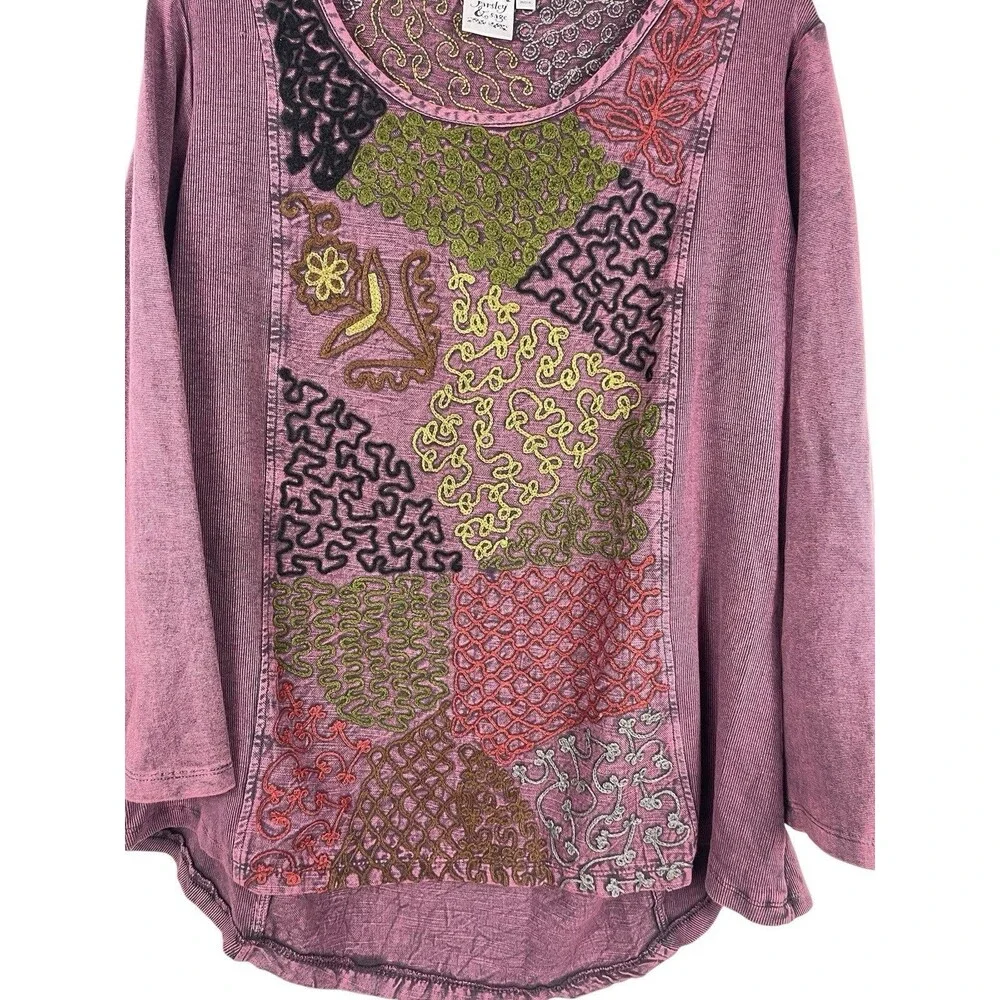 Parsley & Sage L Purple Patchwork Embroidered Tunic Top Boho Artsy Lagenlook